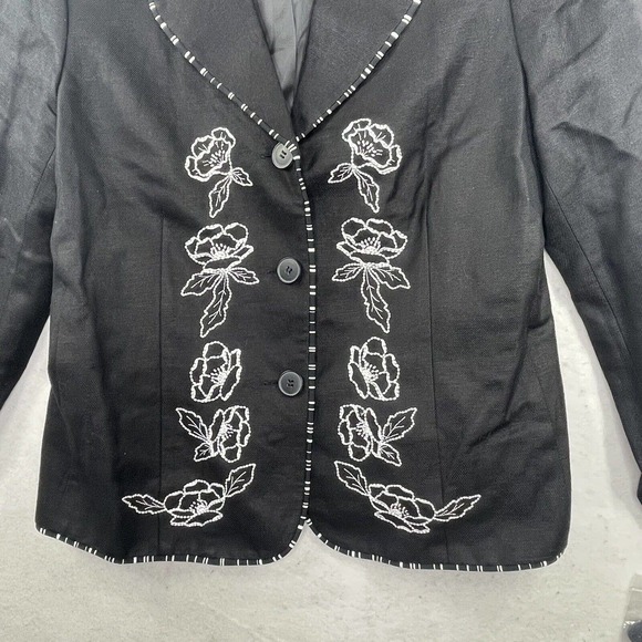 NEW Mary McFadden Black Linen Blend Womens Size 10 P Floral Embroidered Blazer - Picture 12 of 14